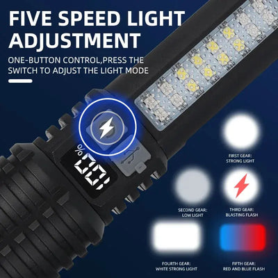 Portable Rechargeable High Power LED Flashlights With Display Screen Zoom Tactical Torch Lamp with Emergency Side Lights Lantern - Astroglowmk