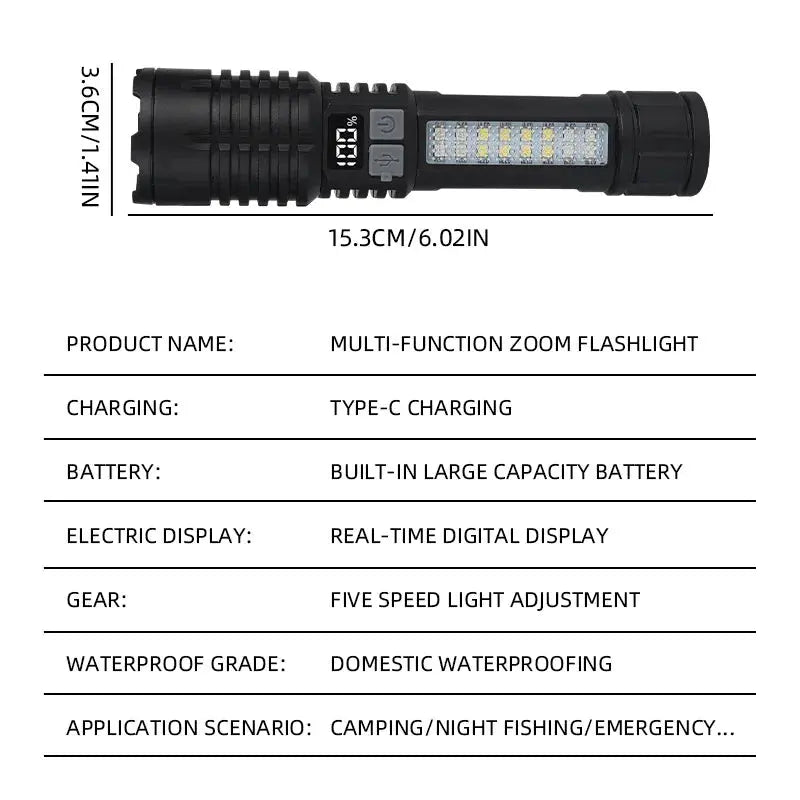 Portable Rechargeable High Power LED Flashlights With Display Screen Zoom Tactical Torch Lamp with Emergency Side Lights Lantern - Astroglowmk