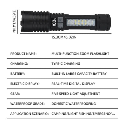 Portable Rechargeable High Power LED Flashlights With Display Screen Zoom Tactical Torch Lamp with Emergency Side Lights Lantern - Astroglowmk