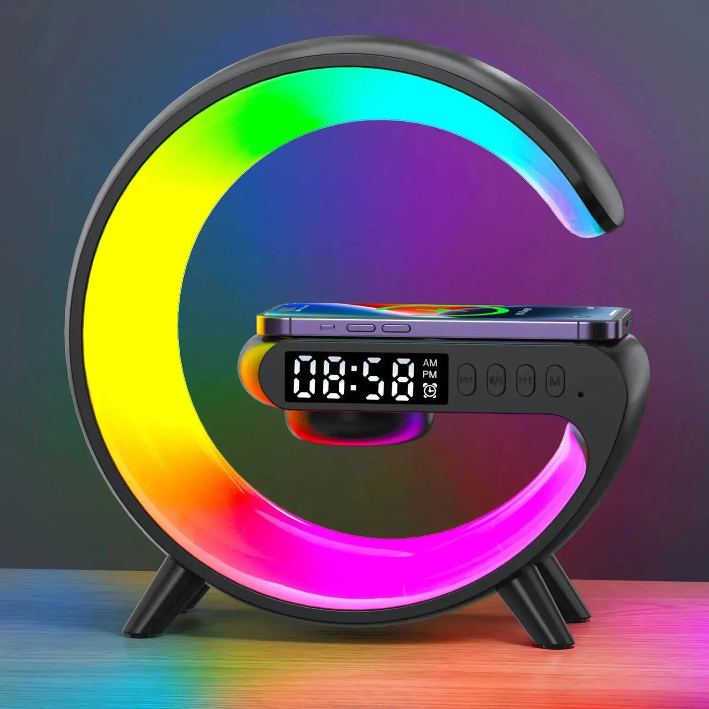 Luz despertador LED inteligente con efecto RGB y altavoz inalámbrico integrado, cargador inalámbrico, lámpara recargable para escritorio.
