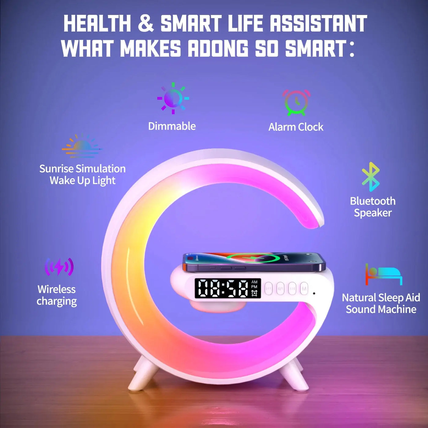 LED Smart Wake Up Light RGB Night Light with Wireless Speaker 15W Wireless Rechargeable Desk Lamp for Bedroom Bedside Game Room - Astroglowmk