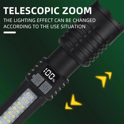 Portable Rechargeable High Power LED Flashlights With Display Screen Zoom Tactical Torch Lamp with Emergency Side Lights Lantern - Astroglowmk